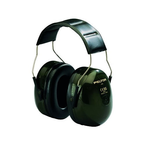 3M Peltor Optime 101 H7A over-the-head earmuff, 27 dB NRR, dark green cushioned cups, metal headband, hearing protection earmuff