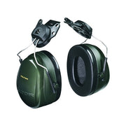 3M Peltor Optime 101 cap-mount earmuffs, 24 dB NRR, dark green cups, black foam cushions, hard hat attachment clips