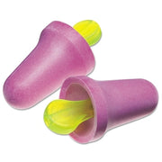 3M No-Touch foam earplugs purple polyurethane uncorded with yellow push-in stem pair shown front and back foam earplugs