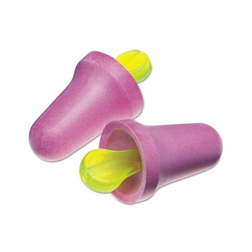3M No-Touch foam earplugs purple polyurethane uncorded with yellow push-in stem pair shown front and back foam earplugs