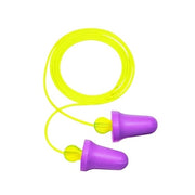 3M No-Touch P2001 purple polyurethane foam earplugs with yellow cord, flanged for no-touch insertion, corded earplug pair