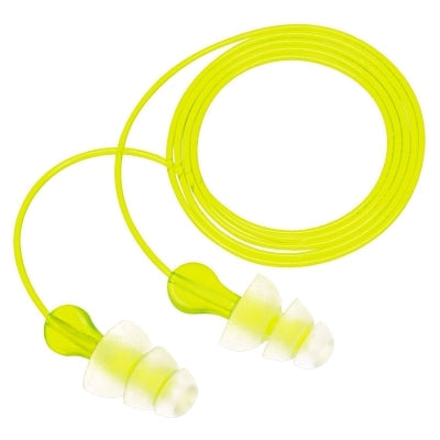 Tri-Flange Earplugs, Elastomeric Polymer, Clear, Corded