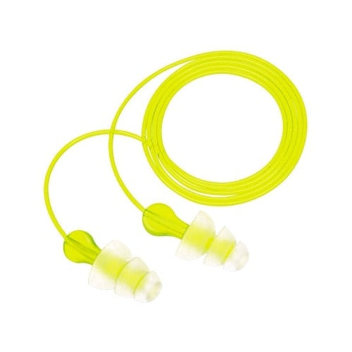 3M Tri-Flange earplugs clear elastomeric polymer corded hi-vis yellow cord reusable earplugs