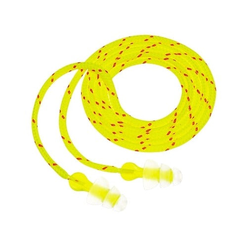 3M Tri-Flange earplugs, clear elastomeric polymer triple-flange tips on yellow/red speckled cloth cord