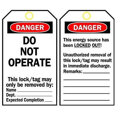 Lockout Tag, 3 in W x 5-3/4 in H, Polyester, Danger, Do Not Operate, Includes Reverse Side, Black/Red on White