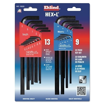 Hex-L Key Set, 22 per card, Hex Tip, Inch/Metric, Long Arm