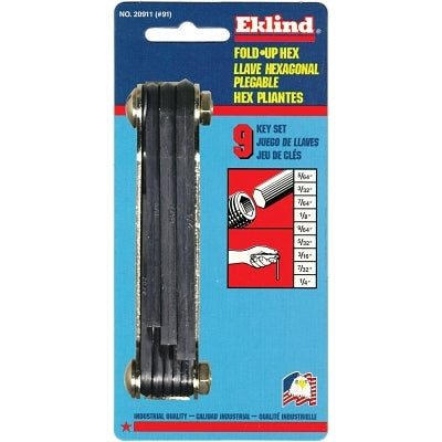 Inch Fold-Up Hex Key Set, 9 per fold-up, Ball Hex Tip, Inch, Medium