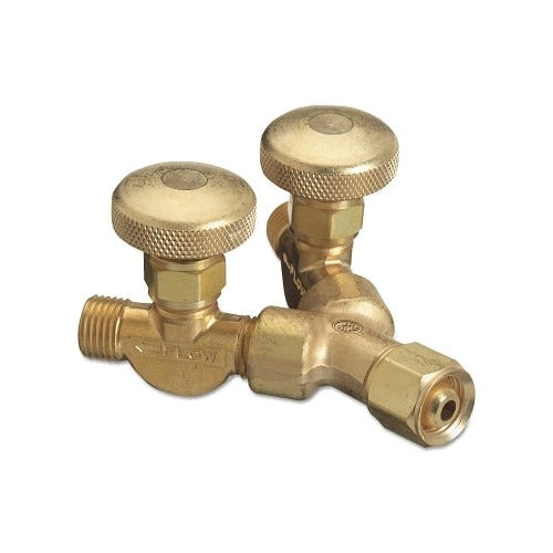 Western Enterprises valved Y connection brass B-size female inlet dual needle valve knobs two male outlets gas Y connector