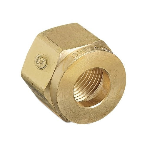 Western Enterprises regulator inlet nut CGA-346 air brass 0.830 in 14 NGO RH female hex nut regulator inlet fitting