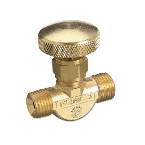 Western Enterprises brass flow metering valve CGA-022 oxygen, knurled thumb wheel with dual male NPT outlets