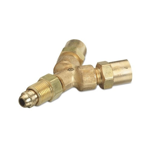 Western Enterprises brass Y connection 3000 PSIG fuel gas 1/4 in, two-outlet splitter with swivel nuts