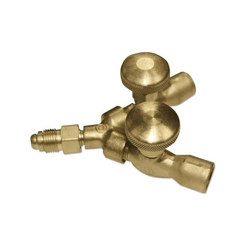 Western Enterprises valved Y connection brass 5/8"-18 LH male-female fittings with two knurled shutoff valves 200 PSIG