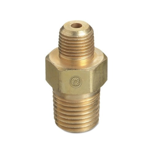 Western Enterprises brass pipe thread reducer bushing 1/2 in NPT male to 1/4 in NPT male hex body