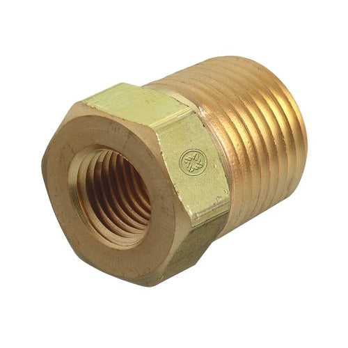 Western Enterprises brass pipe thread bushing 1/4 in NPT female to 1/2 in NPT male hex body gas fitting bushing
