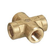 Western Enterprises brass pipe thread cross connector, 1/4 in NPT, four-port female-threaded brass cross fitting