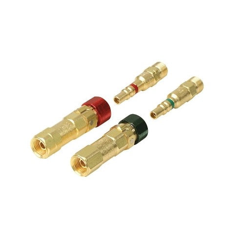 Western Enterprises QDB31 fuel gas quick-connect, brass body, red and green coded rings, regulator-to-hose gas fitting set