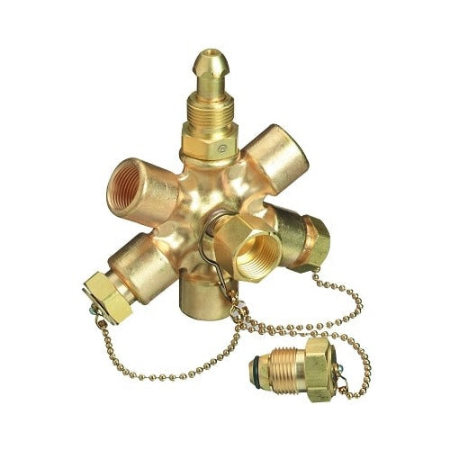 Western Enterprises manifold block assembly 3000 PSI brass CGA-580 4-outlet with chain caps gas manifold