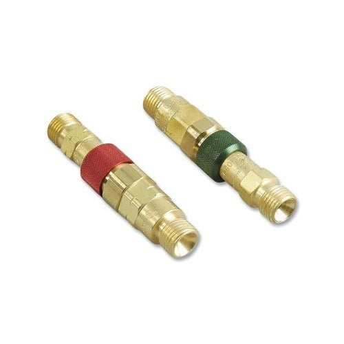 Western Enterprises QDB21 QDB22 brass quick connect set hose-to-hose fuel gas red oxygen green coded pair