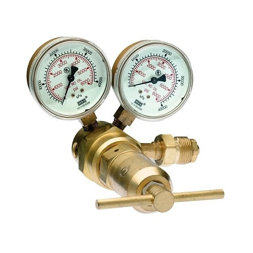 Western Enterprises RS Series high-delivery regulator, dual brass gauges, CGA fittings, T-bar handle, gas pressure regulator