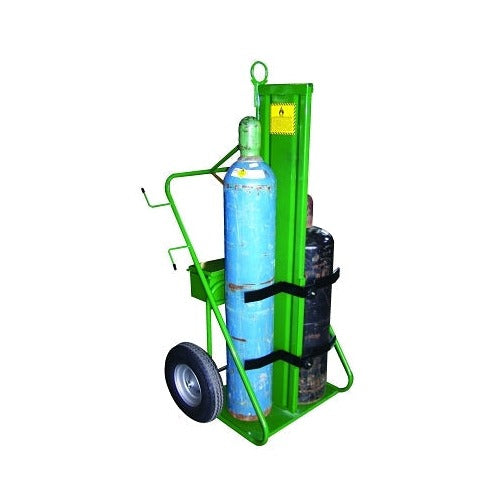Saf-T-Cart 400 series dual cylinder cart 9.5 to 12.5 in dia green steel frame rubber-tired wheels two cylinders loaded
