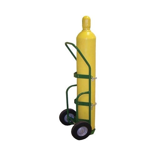 Saf-T-Cart 750 Series single-cylinder cart, green steel frame, 10 in semi-pneumatic wheels, chain securing strap