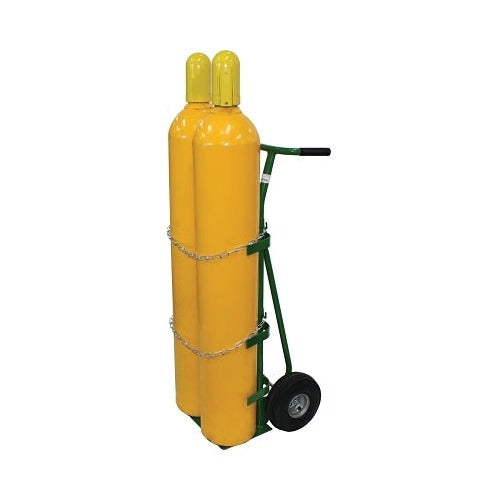Saf-T-Cart 750 series cylinder cart holds 2 cylinders 10 in semi-pneumatic wheels green frame chain straps cylinder cart