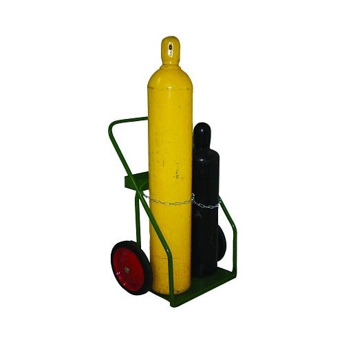 Saf-T-Cart 800 series cylinder cart holds 2 cylinders 6.5-9.5 in dia 14 in wheels green steel gas cylinder cart