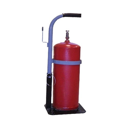 Saf-T-Cart B-Tote cylinder cart, holds 1 cylinder up to 6 in dia, steel strap and handle, shown with gas cylinder, cylinder cart stand