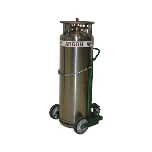 Saf-T-Cart EZ-Load industrial cylinder cart holding argon cylinder, green steel frame, 10 in wheels, safety chain