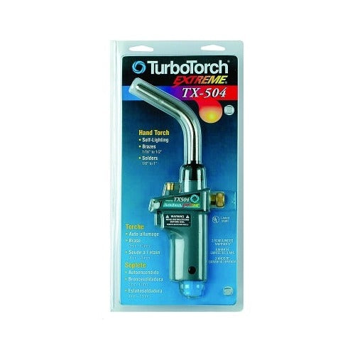 TurboTorch Extreme TX-504 self-igniting swirl hand torch, MAPP/propane, curved stainless tip, retail blister pack, hand torch