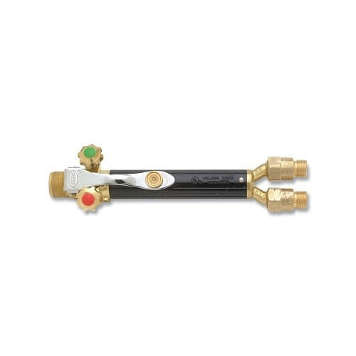 Harris Product Group 50-10 torch handle, brass body with red/green valve knobs, oxy-acetylene welding torch handle