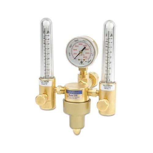 Harris Product Group argon helium dual-flowmeter regulator, brass body, two pressure gauges