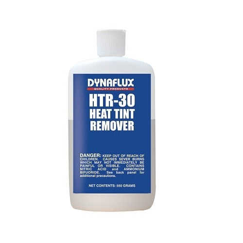 Dynaflux HTR-30 heat tint remover 550 g plastic bottle, blue and white label, stainless steel weld discoloration remover