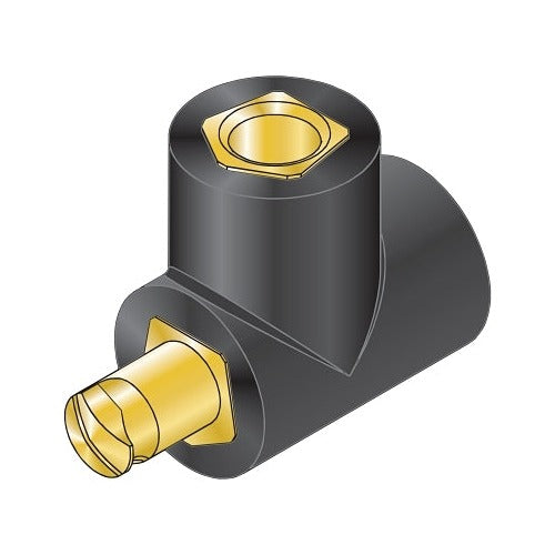 Lenco T cable connector, 500A, black rubber T-body with gold brass hex socket and pin terminal ports