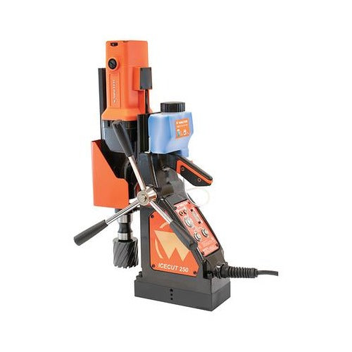 Walter 39D250 ICECUT 250 magnetic drill press, orange and black upright with magnetic base, side handle and coolant bottle