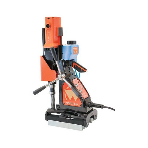 Walter 39D251 Icecut 250P orange and black magnetic drilling unit with blue coolant bottle and cutter