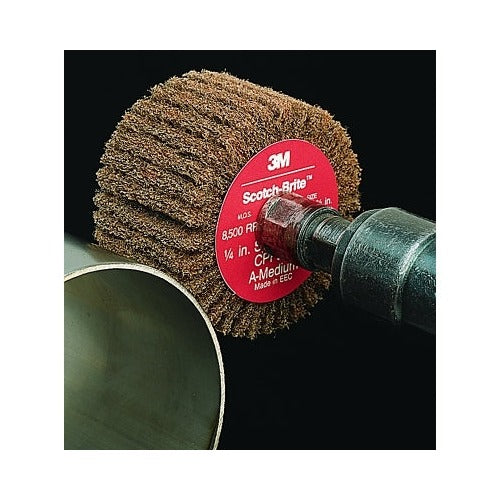 Scotch-Brite cut and polish flap brush 3 in x 1/4 in shank medium aluminum oxide 8500 rpm on pipe abrasive flap brush