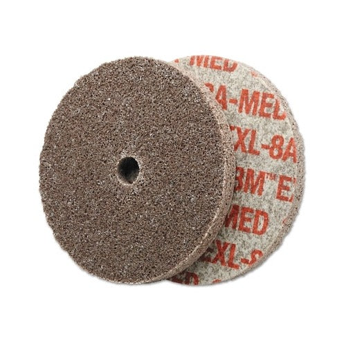Scotch-Brite EXL unitized deburring wheel 3 in x 1/4 in, fine silicon carbide tan abrasive, center hole deburring wheel