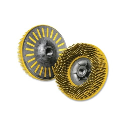 Scotch-Brite bristle disc 4-1/2 in 80 grit ceramic yellow with radial polymer tips shown front and angled views