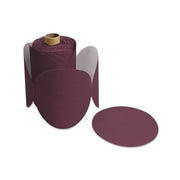 3M Stikit 763U disc roll 5 in, burgundy ceramic aluminum oxide PSA abrasive discs on roll with individual disc shown