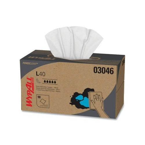 WypAll L40 towels white 10.8x10 in 1-ply pop-up dispensing box 90 sheets PowerClean absorbent wipers shop towel