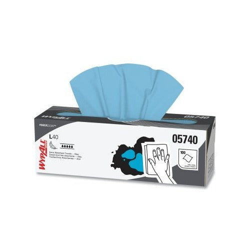 WypAll L40 blue shop towels, pop-up box 100 sheets, 16.4 x 9.8 in, 1-ply, disposable cleaning towel