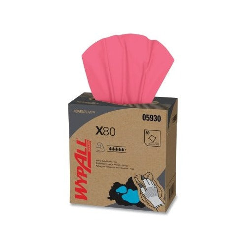 WypAll X80 heavy-duty cloth wiper red 80 sheets 8.34 x 16.8 in, pop-up box, PowerClean industrial wiper