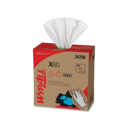 WypAll X60 cloth wiper white pop-up box 118 sheets 8.34x16.8 in heavy-duty cleaning cloth