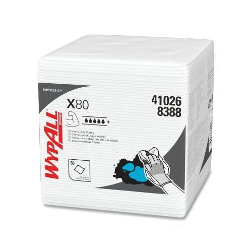 WypAll X80 heavy-duty cloth white 12.5 x 12 in quarter-fold 50 sheets per pack PowerClean industrial cleaning cloth
