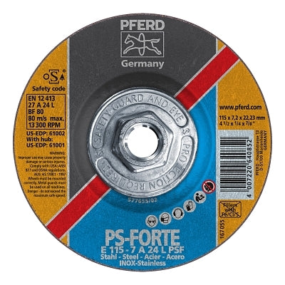 Type 27 General Purpose PSF-INOX Depressed Center Wheel, 4-1/2 in dia, 1/4 in Thick, 5/8 in Arbor, 24 Grit