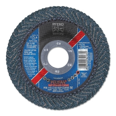 POLIFAN Z SGP Curve Steelox Flap Disc, 4-1/2 in dia x 7/8 in Arbor, 40 Grit, Zirconia, 13300 RPM, Medium Radius