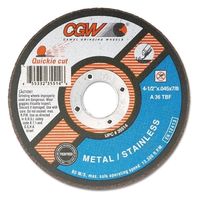 Quickie Cut Type 1 Extra Thin Cut-Off Wheel, 4-1/2 in dia, 0.045 in Thick, 7/8 in Arbor, 36 Grit