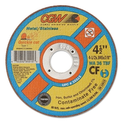 Quickie Cut Contaminate Free Cut-Off Wheel, 4-1/2 in Dia, 0.045 in Thick, 7/8 in Arbor, 36 Grit Alum. Oxide