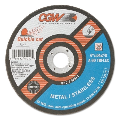 Quickie Cut Type 1 Extra Thin Cut-Off Wheel, 6 in dia, 0.040 in Thick, 7/8 in Arbor, 60 Grit